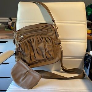 MZ Wallace cross body shoulder bag/taupe with gold hardware